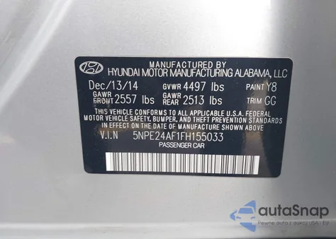 2015 Hyundai Sonata Se from USA, damaged, VIN 5NPE24AF1FH155033